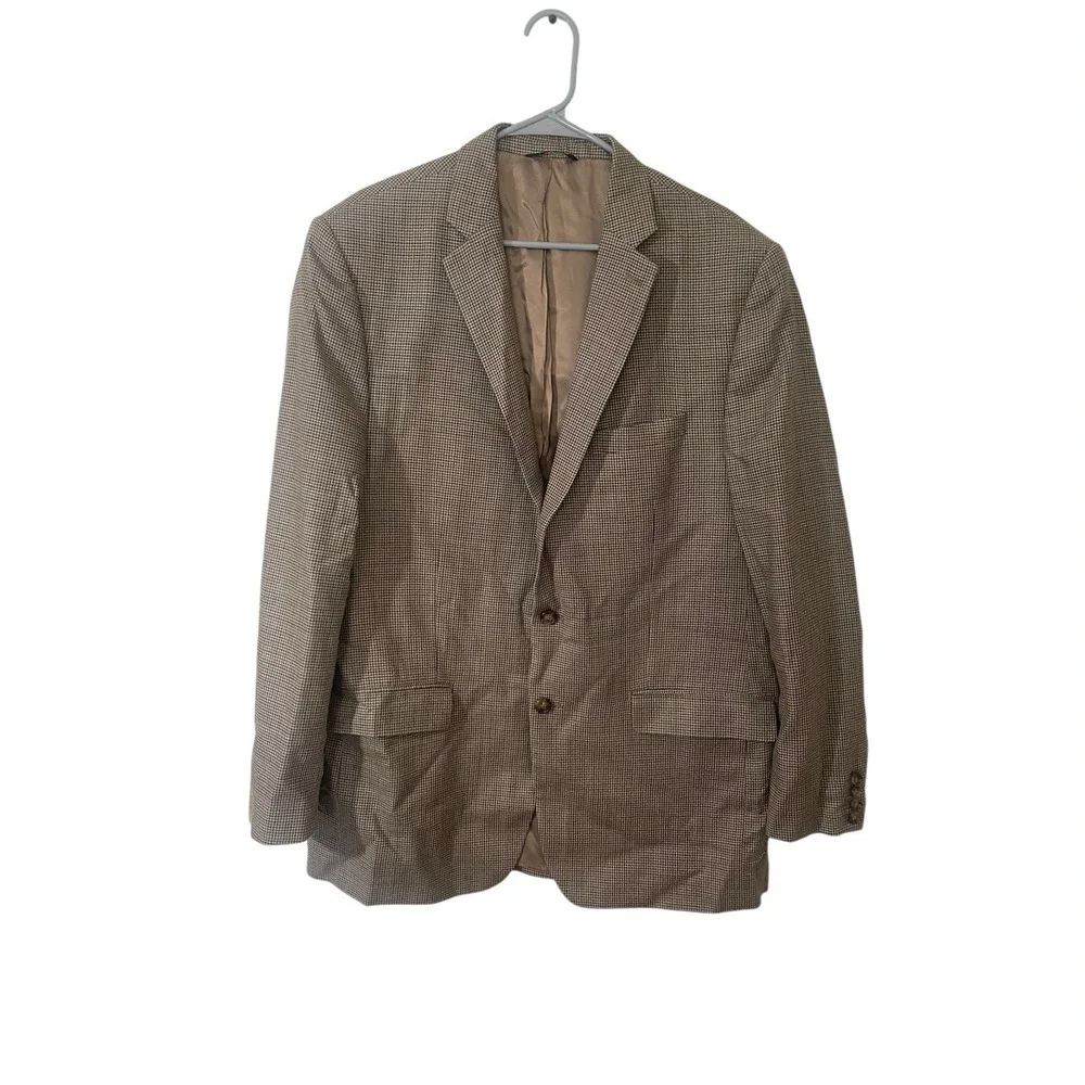 Vintage Ralph Lauren Brown Wool Silk Blazer Mens 46L Houndstooth Sport Coat